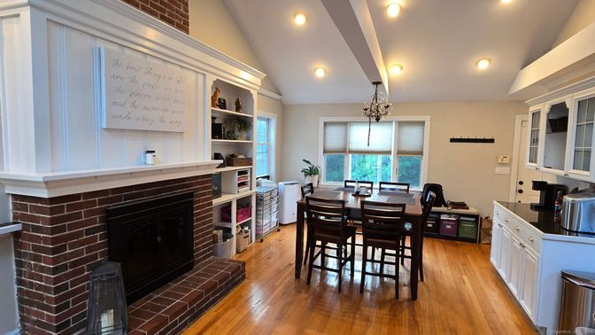 Dining room, Fireplace, Interior, Kitchen, Pendant Lights, Recessed Lighting, Stone Walls, Wood Texture Flooring