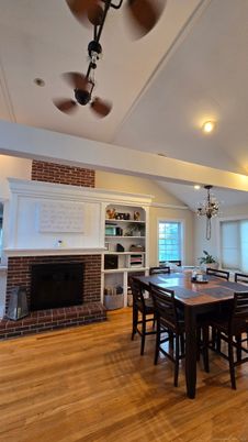 Dining room, Fireplace, Interior, Recessed Lighting, Wood Texture Flooring