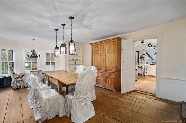 Dining room, Interior, Pendant Lights, Wood Texture Flooring