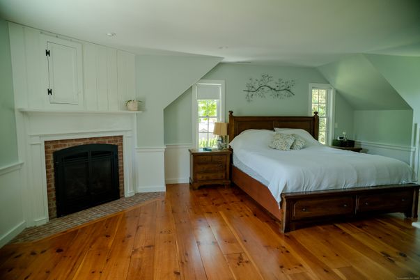 Bedroom, Fireplace, Interior, Wood Texture Flooring