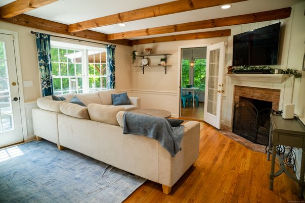 Fireplace, Interior, Living room, Recessed Lighting, Wooden Beams, Wood Texture Flooring