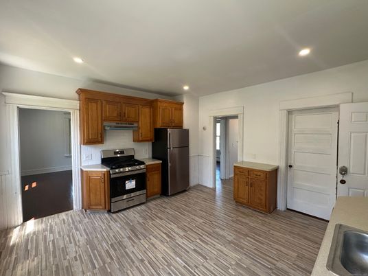 Interior, Kitchen, Recessed Lighting, Stainless Steel Appliances, Wood Texture Flooring
