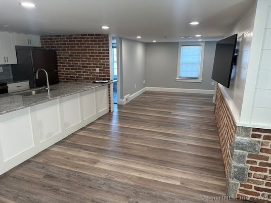 Interior, Kitchen, Recessed Lighting, Stone Walls, Wood Texture Flooring