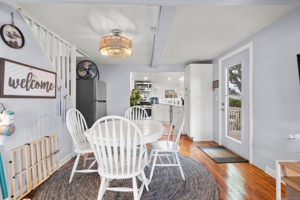 Dining room, Interior, Kitchen, Recessed Lighting, Wood Texture Flooring
