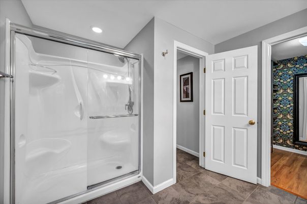 Bathroom, Glass Shower, Interior, Recessed Lighting, Wood Texture Flooring