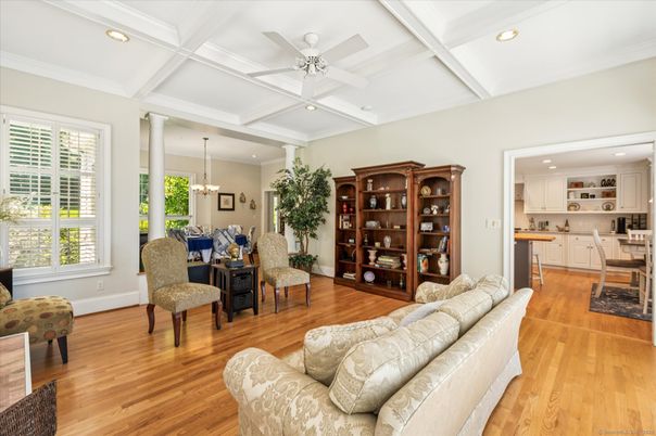 Chandelier, Dining room, Interior, Kitchen, Living room, Recessed Lighting, Wood Texture Flooring