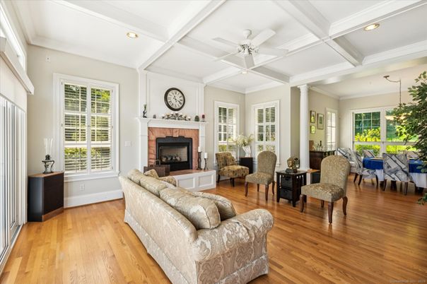 Fireplace, Interior, Living room, Recessed Lighting, Wood Texture Flooring