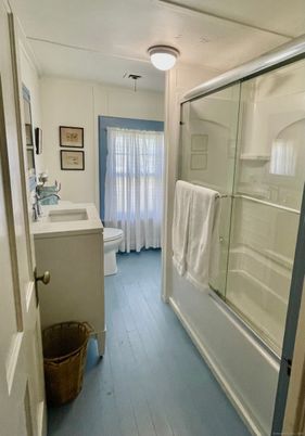 Bathroom, Glass Shower, Interior, Wood Texture Flooring