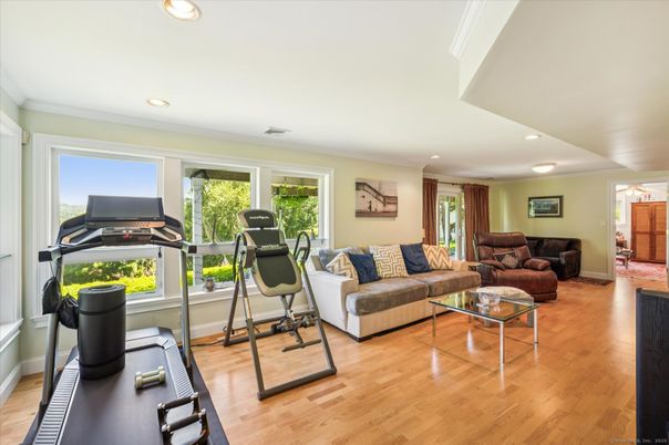 Fitness Equipment, Interior, Living room, Recessed Lighting, Wood Texture Flooring