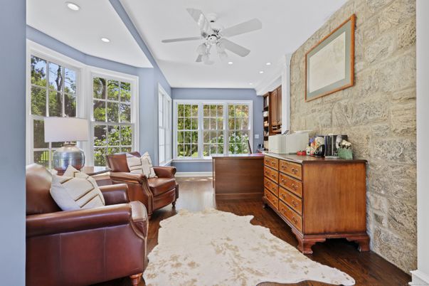 Interior, Living room, Recessed Lighting, Stone Walls, Wood Texture Flooring