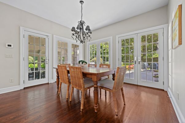 Chandelier, Dining room, Interior, Wood Texture Flooring