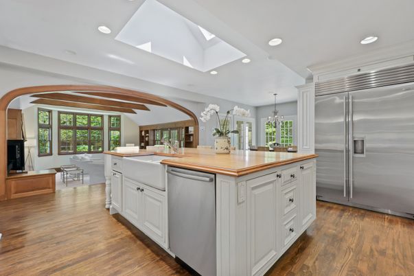 Interior, Kitchen, Recessed Lighting, Stainless Steel Appliances, Wooden Beams, Wood Texture Flooring
