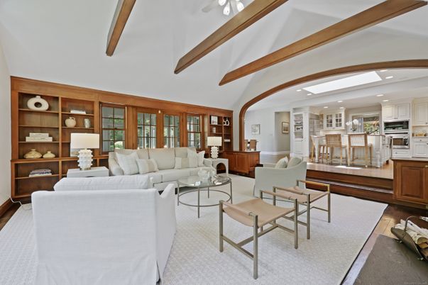 Interior, Kitchen, Living room, Recessed Lighting, Stainless Steel Appliances, Wooden Beams, Wood Texture Flooring