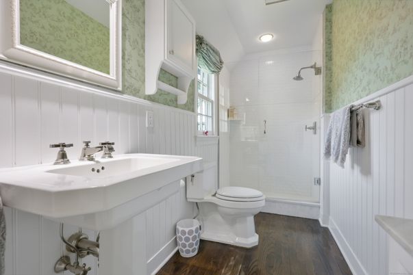 Bathroom, Glass Shower, Interior, Recessed Lighting, Wood Texture Flooring
