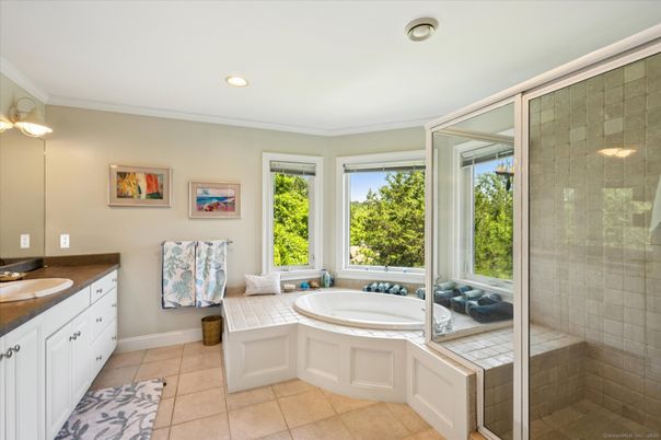 Bathroom, Glass Shower, Interior, Recessed Lighting, Tile Countertops