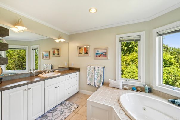 Bathroom, Dual Sink Vanities, Interior, Recessed Lighting, Tile Countertops