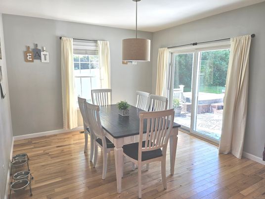 Dining room, Interior, Pendant Lights, Wood Texture Flooring