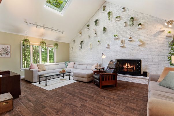 Fireplace, Interior, Living room, Stone Walls, Wood Texture Flooring