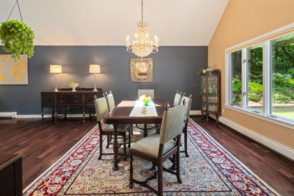 Chandelier, Dining room, Interior, Wood Texture Flooring