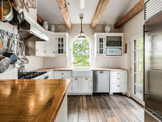 Interior, Kitchen, Stainless Steel Appliances, Stone Walls, Wooden Beams, Wood Texture Flooring