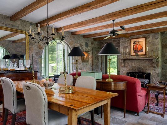 Dining room, Fireplace, Interior, Living room, Stone Walls, Wooden Beams