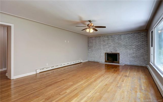 Empty room, Fireplace, Interior, Stone Walls, Wood Texture Flooring