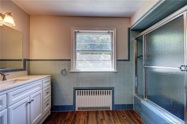 Bathroom, Glass Shower, Interior, Wood Texture Flooring