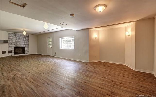 Empty room, Fireplace, Interior, Stone Walls, Wood Texture Flooring