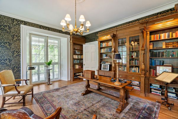 Chandelier, Home Office, Interior, Wood Texture Flooring, Wooden Walls