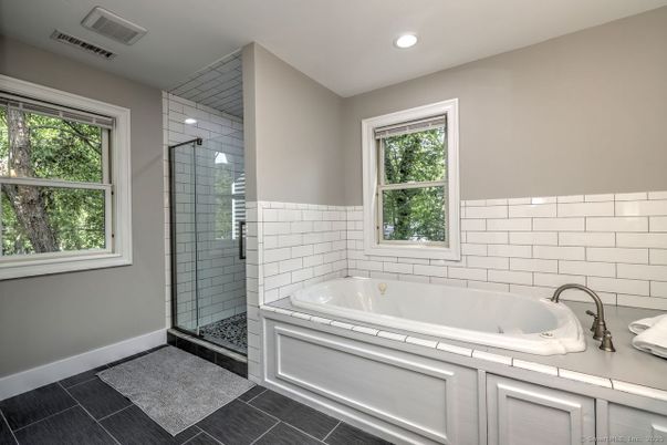 Bathroom, Glass Shower, Interior, Recessed Lighting, Tile Countertops
