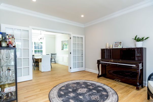 Dining room, Interior, Piano, Recessed Lighting, Wood Texture Flooring