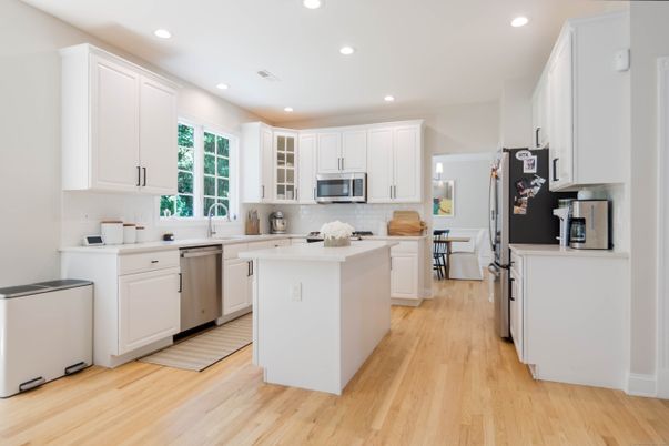 Interior, Kitchen, Recessed Lighting, Stainless Steel Appliances, Wood Texture Flooring