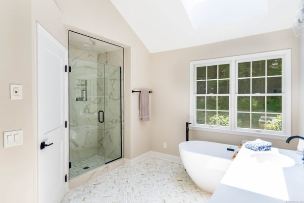 Bathroom, Free Standing Baths, Glass Shower, Interior, Marble Walls