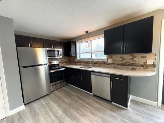 Interior, Kitchen, Pendant Lights, Stainless Steel Appliances, Wood Texture Flooring