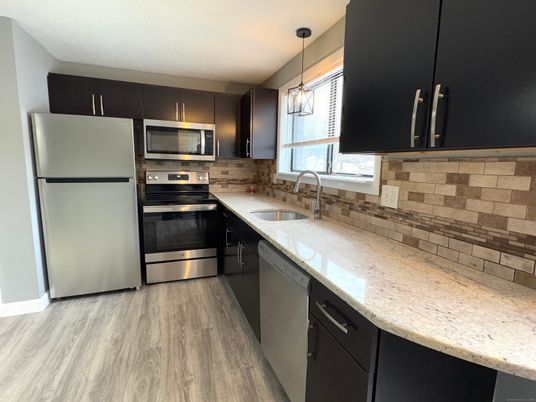 Interior, Kitchen, Pendant Lights, Stainless Steel Appliances, Wood Texture Flooring