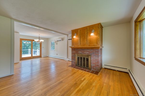 Chandelier, Empty room, Fireplace, Interior, Wood Texture Flooring