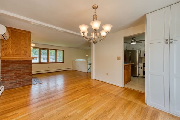Chandelier, Empty room, Interior, Kitchen, Stone Walls, Wood Texture Flooring