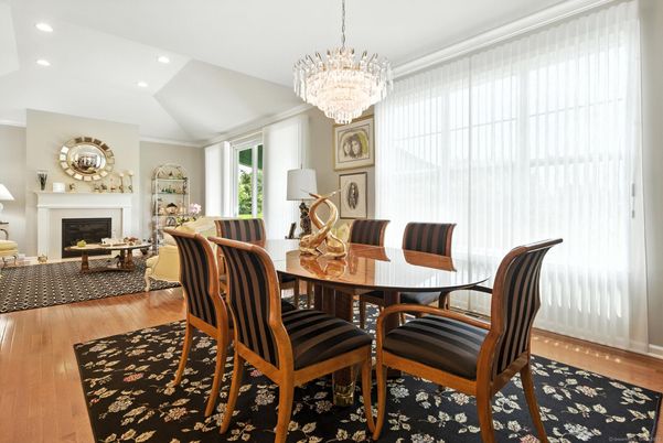Chandelier, Dining room, Fireplace, Interior, Living room, Recessed Lighting, Wood Texture Flooring