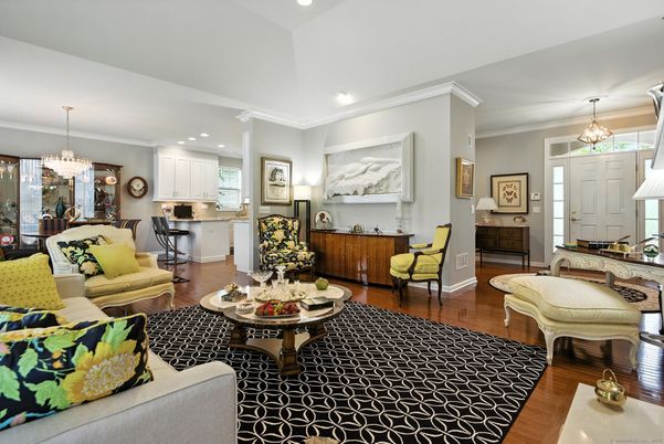 Chandelier, Dining room, Interior, Kitchen, Living room, Pendant Lights, Recessed Lighting, Wood Texture Flooring
