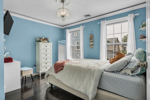 Bedroom, Chandelier, Interior, Wood Texture Flooring