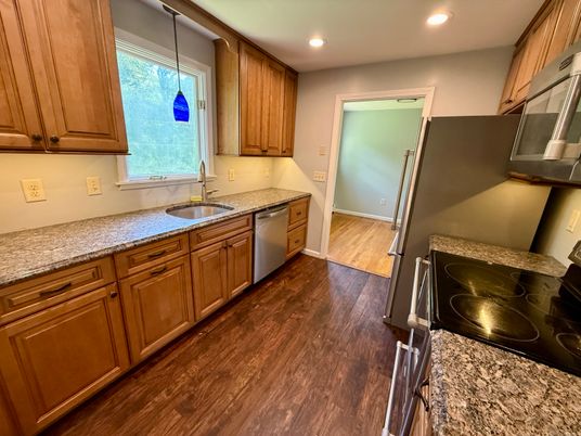 Interior, Kitchen, Pendant Lights, Recessed Lighting, Wood Texture Flooring