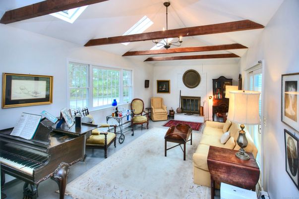 Fireplace, Interior, Living room, Pendant Lights, Piano, Stone Walls, Wooden Beams