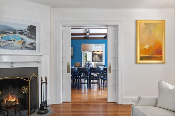 Dining room, Fireplace, Interior, Wood Texture Flooring