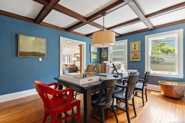 Dining room, Interior, Pendant Lights, Wooden Beams, Wood Texture Flooring