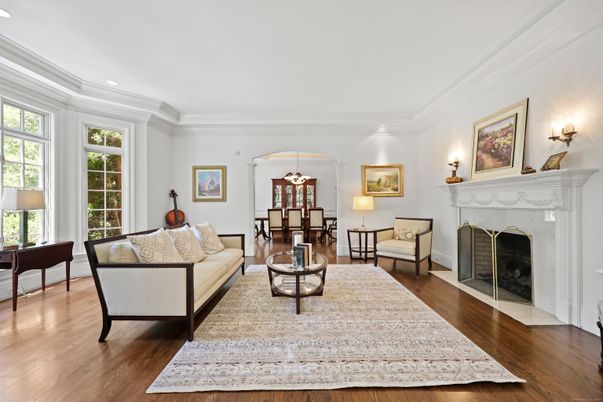 Chandelier, Dining room, Fireplace, Interior, Living room, Recessed Lighting, Wood Texture Flooring