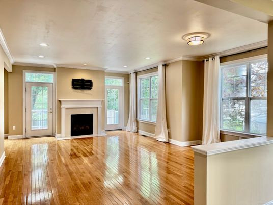 Empty room, Fireplace, Interior, Recessed Lighting, Wood Texture Flooring