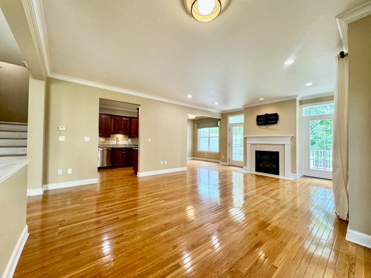 Empty room, Fireplace, Interior, Kitchen, Recessed Lighting, Wood Texture Flooring