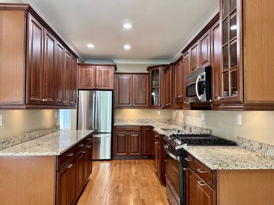 Interior, Kitchen, Recessed Lighting, Stainless Steel Appliances, Wood Texture Flooring