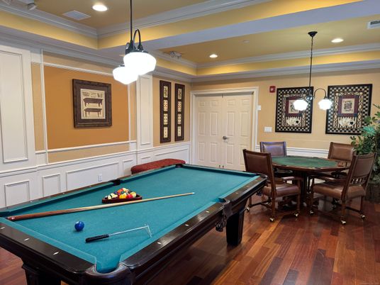 Billiard Table, Game Room, Interior, Pendant Lights, Recessed Lighting, Wood Texture Flooring