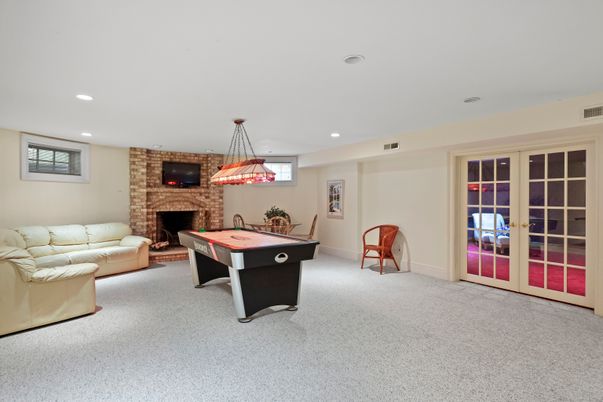 Billiard Table, Fireplace, Game Room, Interior, Living room, Pendant Lights, Recessed Lighting, Stone Walls